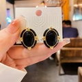 Ovale Ohrstecker im französischen Vintage-Stil mit schwarzer Emaille und Goldrahmen - Stil 26 Schwarzes Oval (Silber-Ohrstecker)