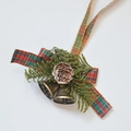 Christmas plaid bow ornament with bronze bells pine cones and green needles - Plaid Double Bells