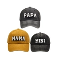 Family baseball caps in dark grey, yellow, and black with PAPA MAMA MINI towel embroidery - Family Set (PAPA+MAMA+MINI) / Black/Yellow/Black