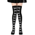 Detail of gothic thigh high socks featuring white crossbone patterns for Halloween costumes - One Size / White Bone/Black