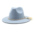 Detail of light blue wool fedora hat featuring gold chain, pearls and beige tassel fringe - M (56-58cm) / Sky Blue