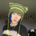 Army green striped knit cat ear hat with star pendants and handmade crochet texture - Adult 56-59cm / Green Patchwork