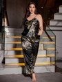 Schwarzes Satin-Pyjama-Set mit Blumenmuster, bestehend aus Camisole-Top und weiter Hose - 3XL / Schwarze Kirsche