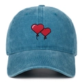 Detail of red heart embroidery on washed cotton baseball cap with vintage finish - Adjustable / Lake Blue