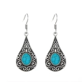 Bohemian silver drop earrings with heart turquoise inlay and retro geometric patterns - Antique Silver Teardrop Hollow (K-1239)