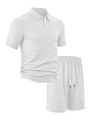 Detail showing the herringbone knit texture of white polo shirt and shorts set - S / White