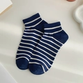 Women's low cut cotton socks featuring navy blue and white horizontal stripes pattern - One Size / Dark Blue & White Fine Stripes
