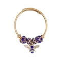 Golden twisted bangle featuring deep blue rhinestones and a delicate bee charm pendant - Gold Bracelet-Royal Blue