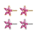 Five-petal flower stud earrings with rose red zircon gems in gold and silver plating - Gold / Red Zircon