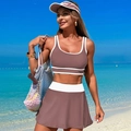 Morandi brown two-piece sports bikini set with white trim and mini skirt style - S / Caramel color