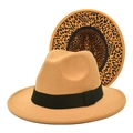 Detail of wide brim fedora hats featuring khaki felt and leopard print inner lining - M (56-58cm) / Camel