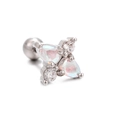 Silver barbell ear stud with pear-shaped opals and round zircons in four-prong setting - Teardrop Clover Design (EGD0954) / Silver