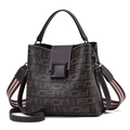 Chic coffee brown monogram bucket bag with large capacity and stylish web shoulder strap - Alphabet Coffee