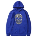 Blue Halloween hoodie featuring a shiny silver skull print and drawstring hood - Blue