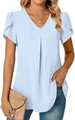 Detail of elegant petal sleeves and V-neckline on a light blue summer chiffon blouse - S / Light Blue