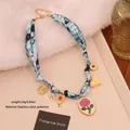 Blue white floral fabric heart necklace with vintage rose gold pendants for women - Blue Printed Scarf Rose Pendant Necklace (1#)