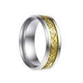 Titanium steel ring featuring gold Celtic dragon pattern inlay and silver polished edges - US 5 / Gold Base Gold Dragon