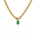 Gold stainless steel necklace with marquise green stone pendant on white background - Green