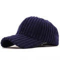 Side view of dark blue corduroy baseball cap showing thick ribbed fabric texture - Adjustable / Navy Blue
