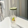 Minimalist glass tumbler with green lid and avocado decal, including straw and lid - Avocado + Lid + Straw