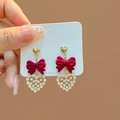 Red flocked bow earrings with a gold hollow heart zircon drop on a silver post - E2756-1 Hollow Heart Rhinestone Bow Style