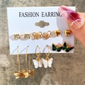 6-pair set of gold butterfly and heart earrings with green enamel and pearl accents - Gold Butterfly Heart Gemstone Set (51722)