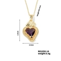 Gold stainless steel necklace with faceted purple heart pendant and size specifications - Gold Deep Purple Rhinestone (N01050-14)