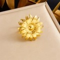 Vintage 18K gold plated sunflower ring with layered metal petals on jewelry stand - Sunflower Motif Style (R503) / Adjustable Open