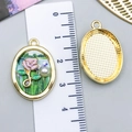Oval gold alloy charm pendant with pink rose and pearl inlay for DIY jewelry making - Green Pearl Pink Rose-23579