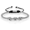 Silver bead bracelet with black zircon dice cubes and adjustable black braided cord - Silver Polygon Style