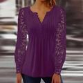 Close-up of elegant V-neck button detail and floral lace sleeves on deep purple top - S / Tops / Purple