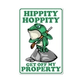 Funny green frog holding a rifle metal sign with Hippity Hoppity text in vintage style - 11740(24)