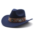 Detail of dark blue felt cowboy hat with leather band and turquoise ethnic stud - M (56-58cm) / Navy Blue