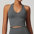 Dark grey seamless halter V-neck sports bra with ribbed hem for fitness and yoga - S / Dark Gray