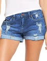 Detailopname van denim shorts met hoge taille, gescheurde details en gerafelde zoomrand - S / Blauw