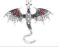 Silver dragon brooch featuring open wings and two red marquise-cut gems on white background - Antique Silver Grey Pendant