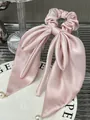 Elegant pale pink satin bow hair tie with long ribbons and pearl charm pendants - Pink Purple