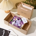 Purple soap flower gift set in beige tri-fold box with matching tote bag and ribbon - Gift Box Flower Purple