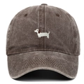 Detailed view of white dachshund embroidery on dark brown washed canvas baseball cap - One Size / Coffee