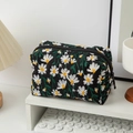 Black canvas cosmetic bag with daisy embroidery and metal zipper for travel storage - Black Square Makeup Bag