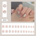 Pink heart crystal press-on nails with 3D gradient design and silver diamond accents - Peach Heart Glue Style (Z253)