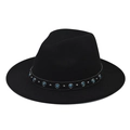 Detailed view of bohemian turquoise bead and silver stud ribbon on a black wool felt hat - Black