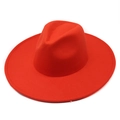 Detailed view of a bright red wool fedora with a wide flat brim design - Adult 56-59cm / Orange Red