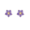 Elegant gold flower stud earrings with five purple cubic zirconia petals for women - Purple