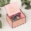 Pink wooden hand-cranked music box with Happy Birthday engraving and white roses decoration - Pink