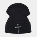 Close-up of white cross embroidery on black ribbed knit beanie with gothic style - M (56-58cm) / Black