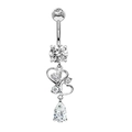 Silver stainless steel belly ring with heart cutout and teardrop zircon pendant - Style 28