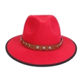 Red felt fedora hat featuring a brown leather band and metallic rivets decoration - M (56-58cm) / Red (87 Series V-shape Rivet Decor)