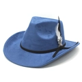 Close-up of blue faux suede cowboy hat featuring a black ribbon band and feather detail - M (56-59cm) / Navy Blue
