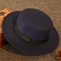 Navy blue flat top wool felt hat featuring a classic black decorative ribbon - Navy Blue